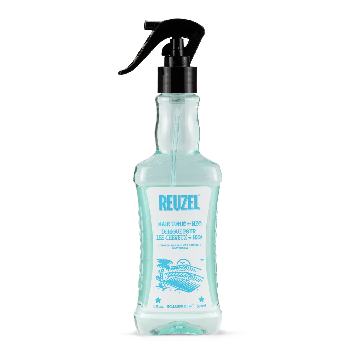 Reuzel spray bottle with spay cap and label, filled with hair styling product, part of Reuzel grooming merchandise.