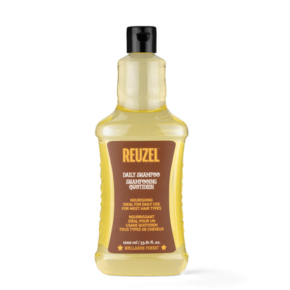 Reuzel daily shampoo bottle, 1000ml, clear liquid hair cleansing product in a pump dispenser.