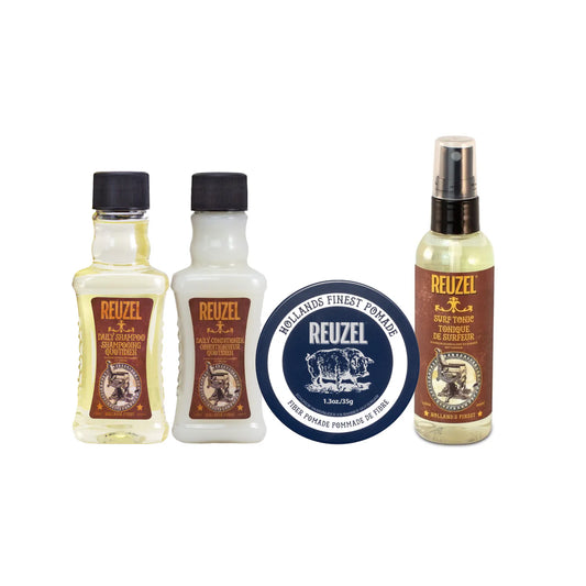 Reuzel Intro To Reuzel Pomade bundle with styling products in a natural setting, showcasing the product packaging.