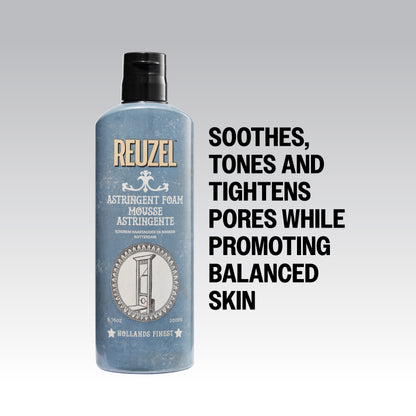Reuzel Astringent Foam for beard care, showing a foam container with creamy white beard product in a close-up shot