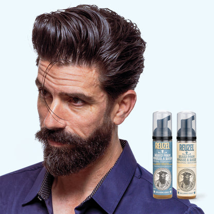 Reuzel Wood & Spice Beard Foam in a bottle, featuring a natural beard grooming product with wood and spice scent.