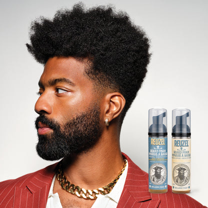Reuzel Wood & Spice Beard Foam applied to a man's beard, showcasing its grooming and styling quality in a close-up shot.