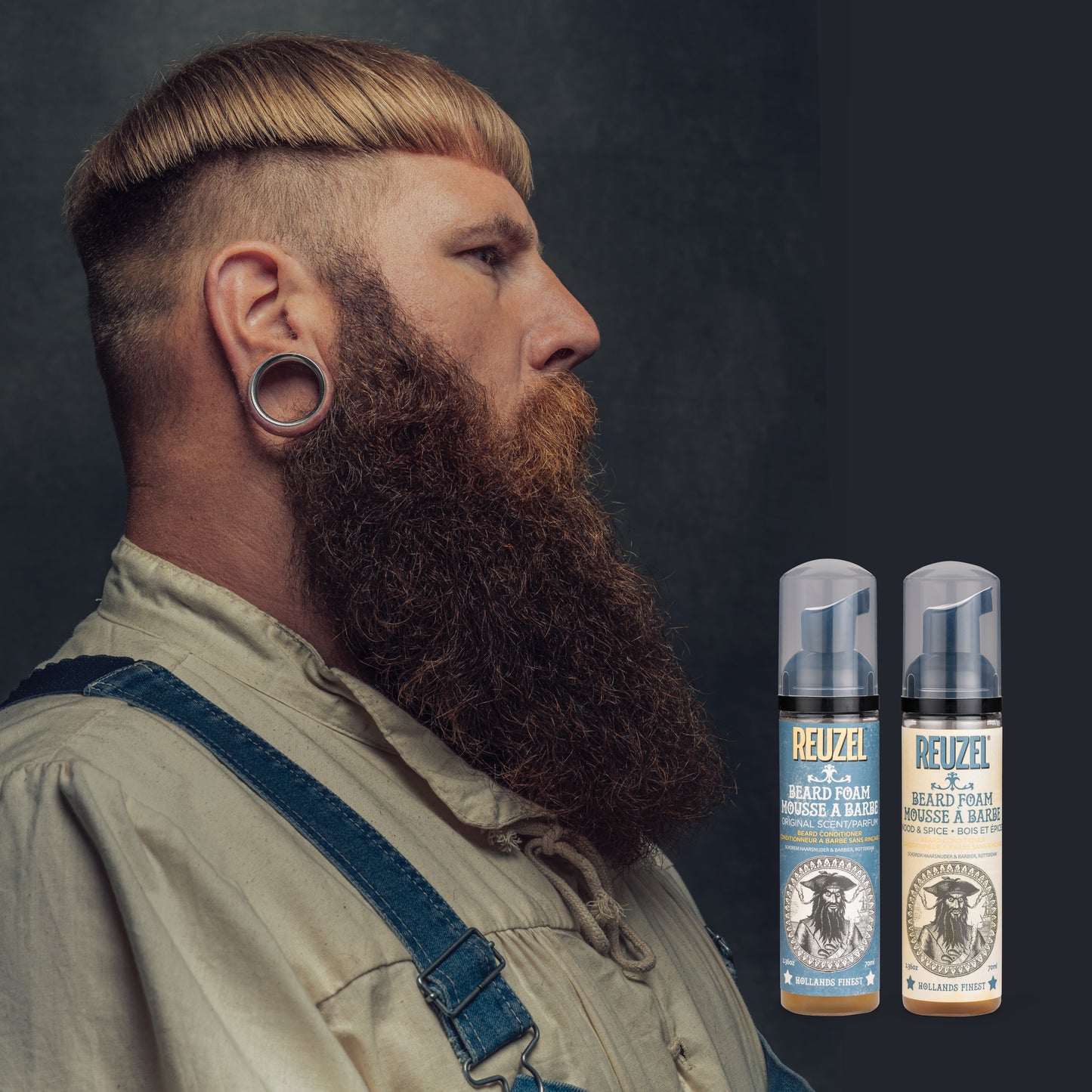 Reuzel Wood & Spice Beard Foam in a bottle, featuring natural ingredients and a textured label for beard grooming.