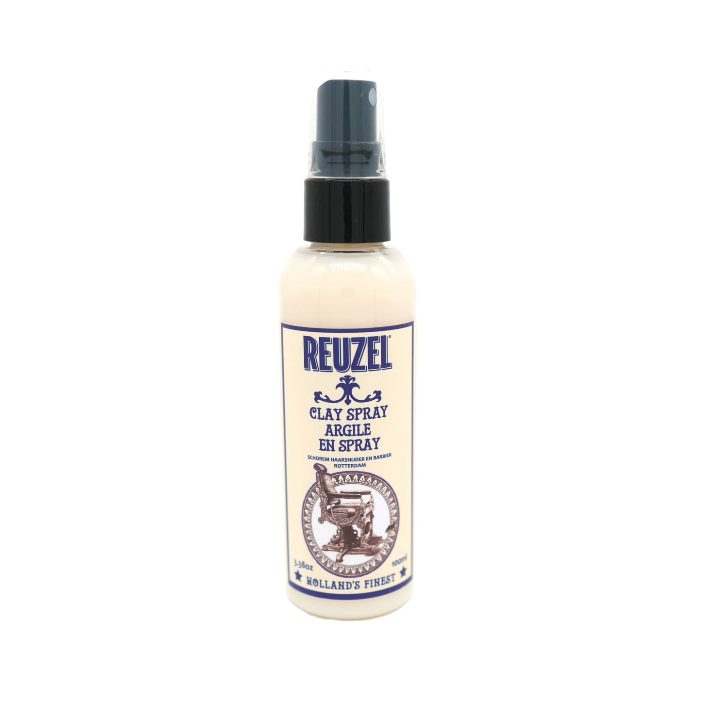Reuzel Clay Spray hair styling product in a spray bottle, designed for textured, matte finish hairstyles.