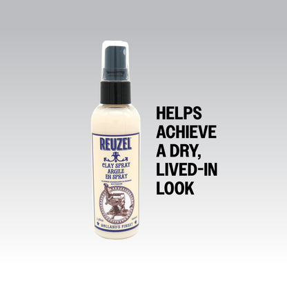 Reuzel Clay Spray hair styling product in a spray bottle, designed to add texture and hold to styled hair.