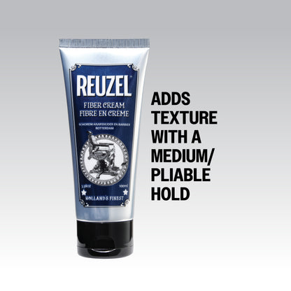 Reuzel Fiber Cream hair styling product with a creamy texture, shown in a jar, ideal for creating textured, flexible hairstyles.