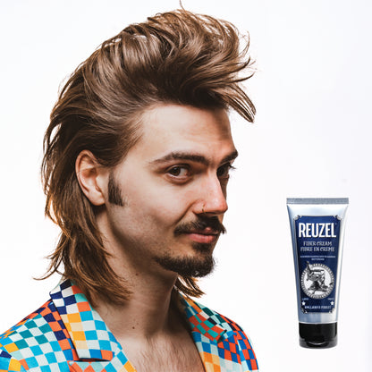 Reuzel Fiber Cream hair styling product in a jar, showing the creamy texture and packaging on a clean background