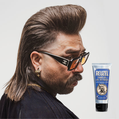 Reuzel Fiber Gel hair styling product in a jar, showing the gel's thick texture and branding on the label.