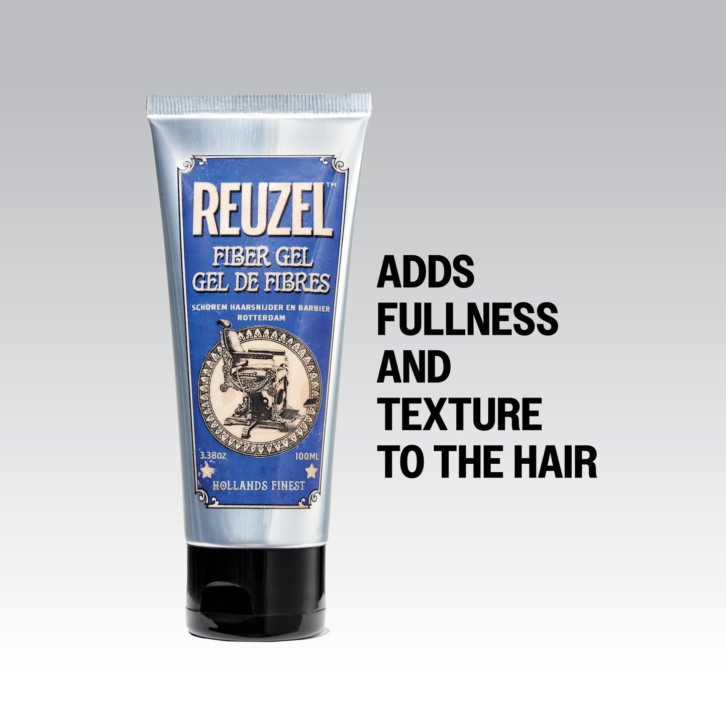 Reuzel Fiber Gel hair styling product in a jar with textured gel visible, designed for strong hold and thickening.