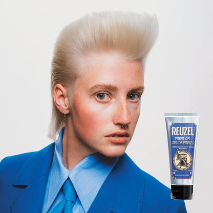 Reuzel Fiber Gel hair styling product in a white tube, designed for strong hold and textured hairstyles.