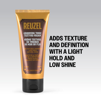 Reuzel Grooming Tonic Texture Cream in a jar, showing the creamy hair styling product with a textured surface and labeling on the jar.