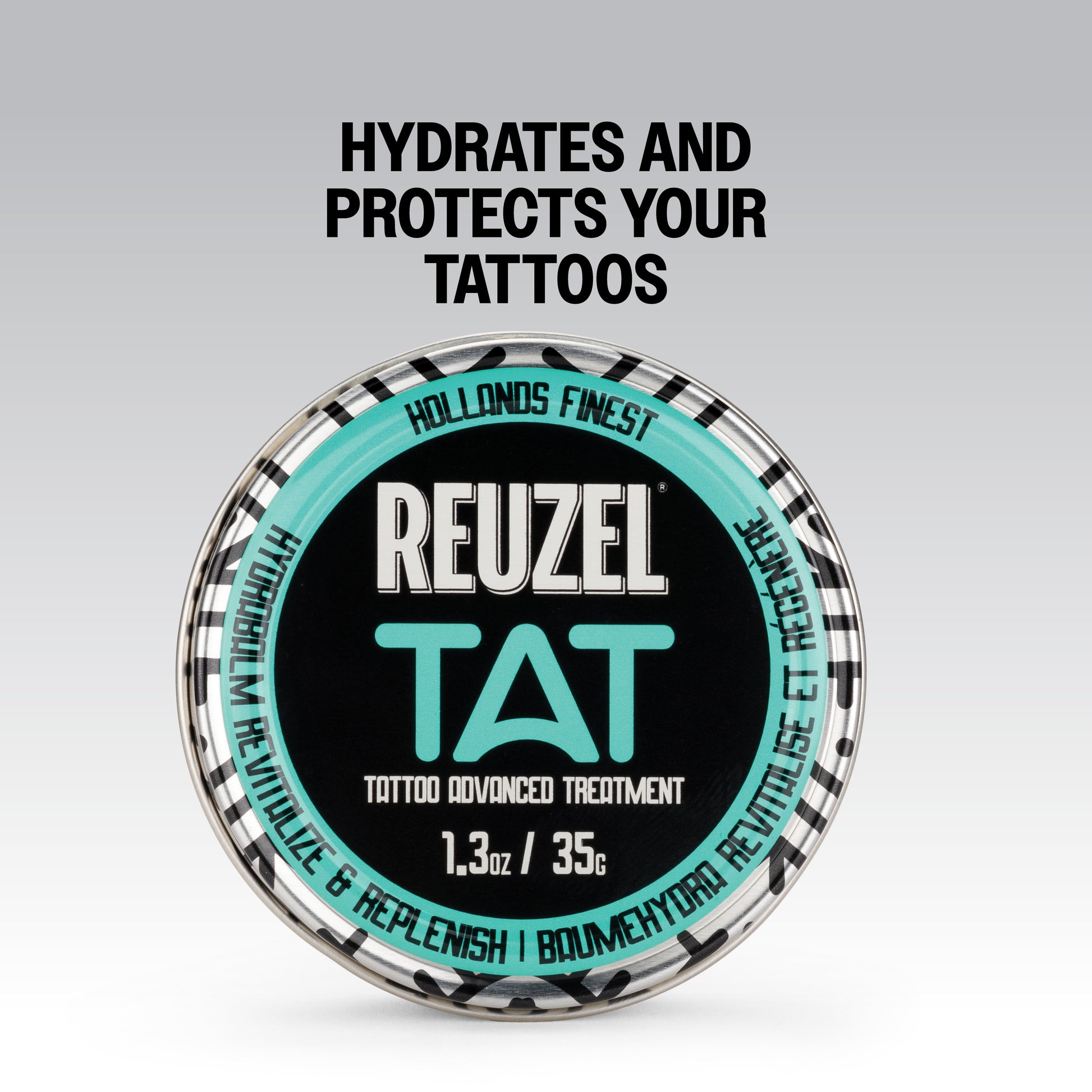 Reuzel TAT Hydrabalm tattoo aftercare product jar with label, designed for soothing and moisturizing fresh tattoos.