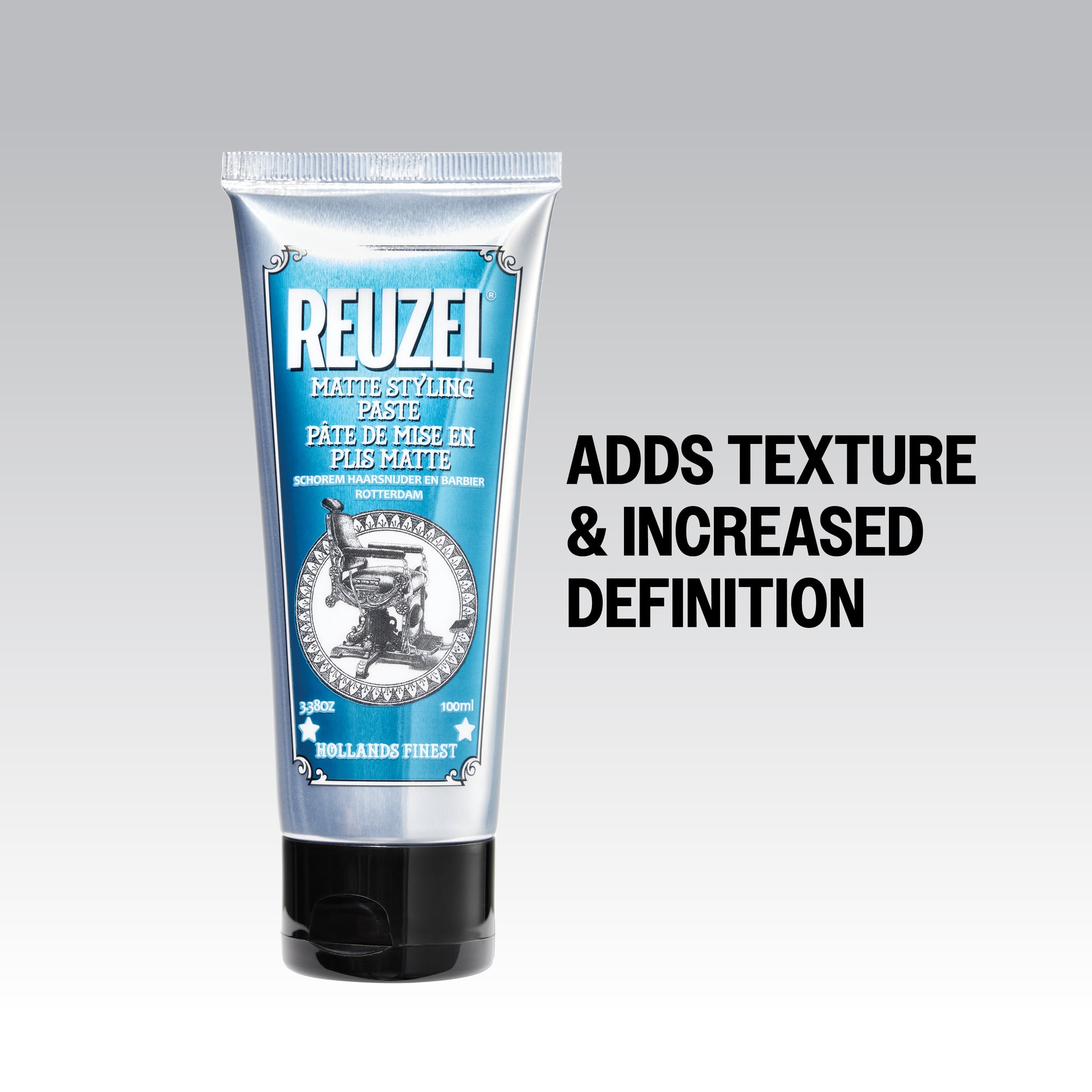 Reuzel Matte Styling Paste in a jar, showcasing its thick, matte-textured hair styling product for a natural finish.