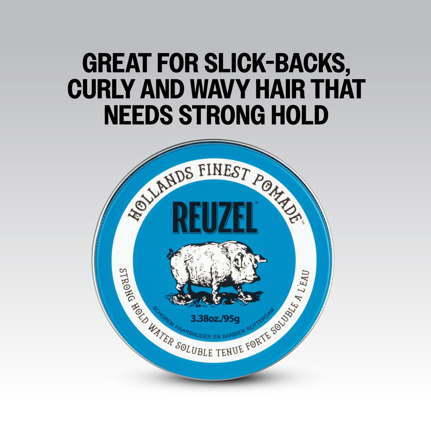 Reuzel Blue Pomade in a jar, showcasing its smooth, shiny blue hair styling pomade for classic, sleek looks.