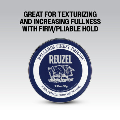 Reuzel Road Trip To Go Fiber Pomade jar with black lid and label, showing product details and branding.