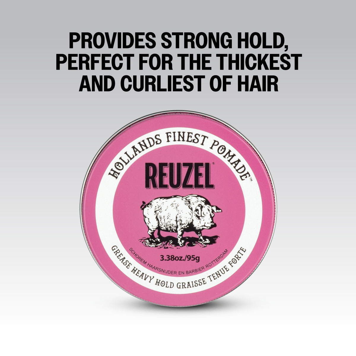 Reuzel Pink Pomade Grease in a jar, showcasing the vibrant pink-colored pomade for styling hair with a glossy finish.