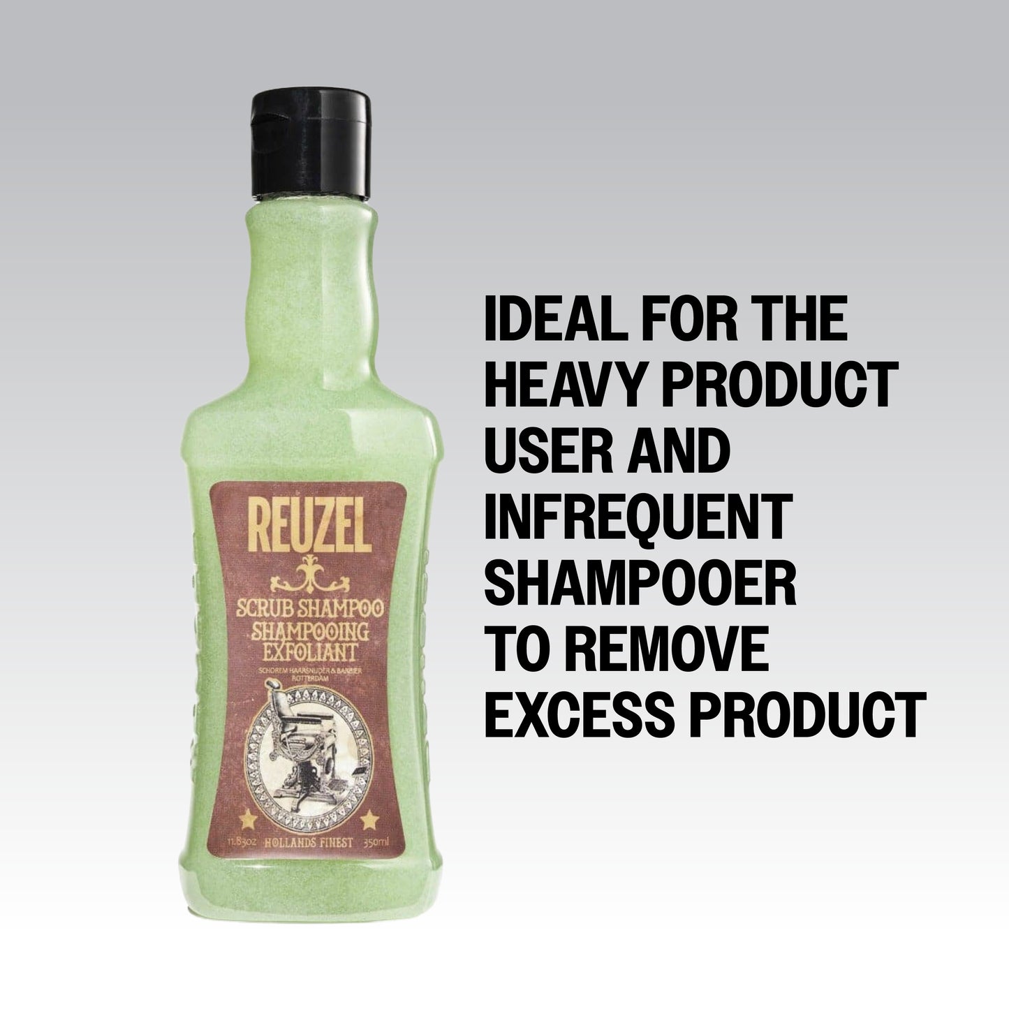 Reuzel Scrub Shampoo bottle with label, showcasing the shampoo's packaging and design on a clean background.