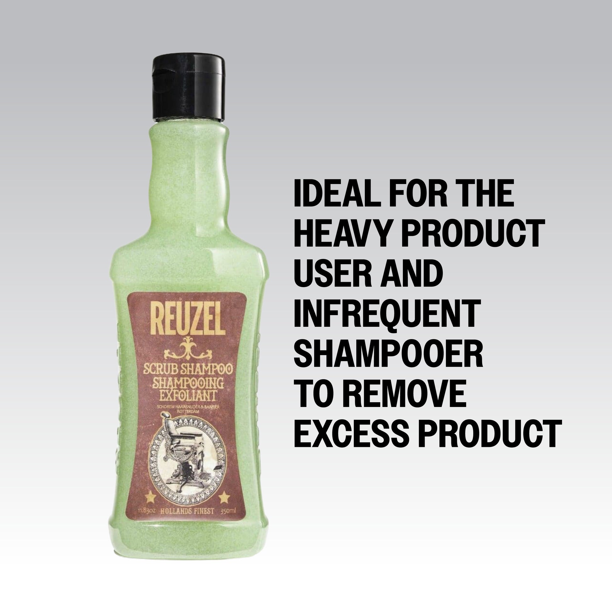 Reuzel Scrub Shampoo bottle with label, showcasing the shampoo's packaging and design on a clean background.
