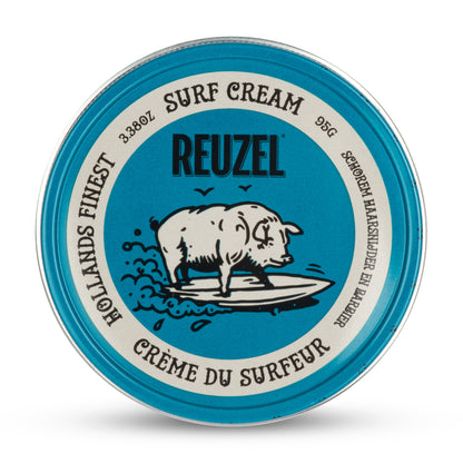 Reuzel Surf Cream pomade jar with textured label and lid, showing the product designed for beachy, tousled hair styling.