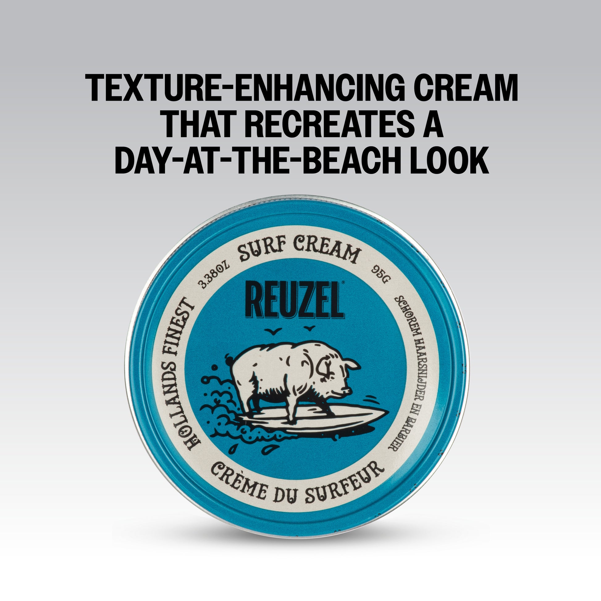 Reuzel Surf Cream pomade jar with textured label and black lid, showing the product's packaging and branding.
