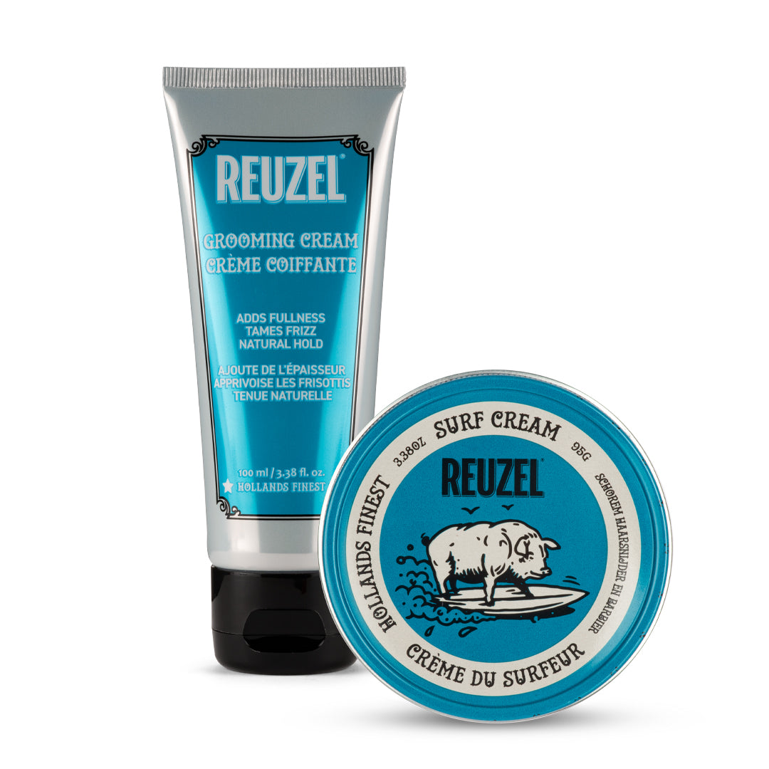 Reuzel Europe Surf and Grooming Cream bundle with styling creams in containers, ideal for textured and beachy hair styles.