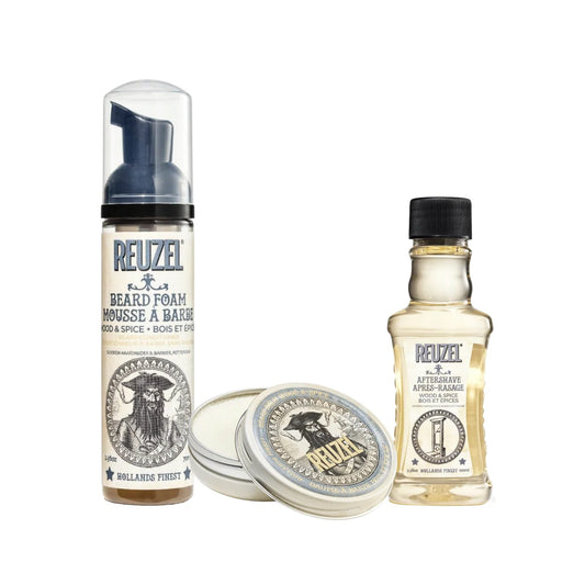 Set of Reuzel Wood & Spice Beard Bundle. Grooming products including beard foam, -balm, and aftershave on a white background