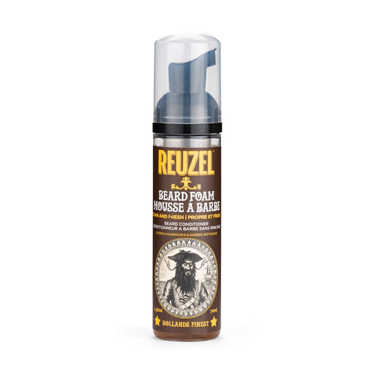 Reuzel Clean & Fresh Beard Foam in a bottle, showcasing a grooming product for beard care and freshness.
