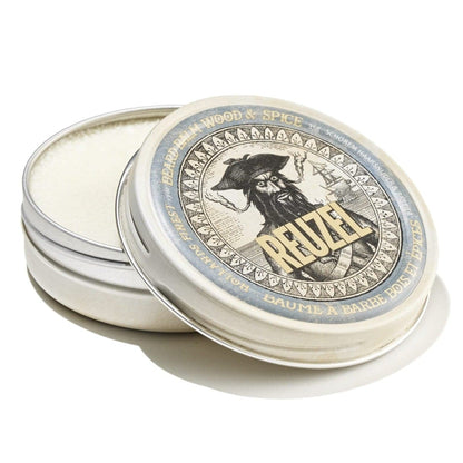 Reuzel Beard Balm in Wood & Spice scent, featuring a container of beard grooming product with natural ingredients and branding.