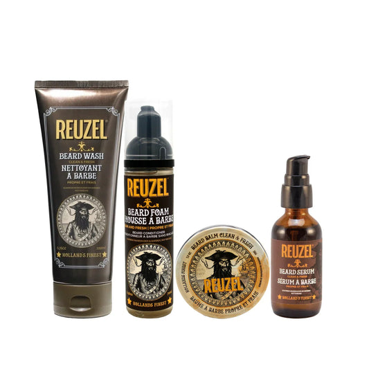 Reuzel Germany Ultimate Beard Care Bundle with beard oil, balm, and grooming tools on a wooden surface.