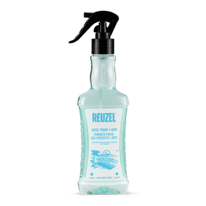 Reuzel Germany spray bottle with red cap and label, filled with hair styling product, part of Reuzel grooming merchandise.