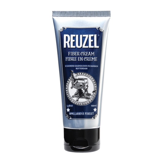 Reuzel Fiber Cream hair styling product showing a close-up of the fiber cream jar with a black lid and label.