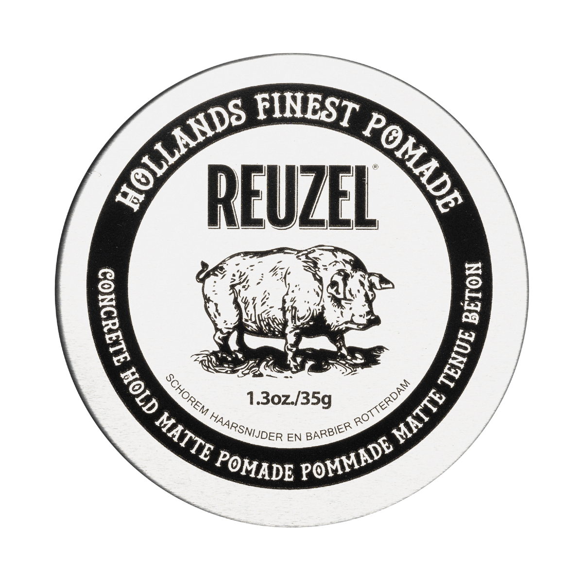 Reuzel Concrete Hold Matte Pomade jar with black label and product name, showcasing the matte finish and product packaging.