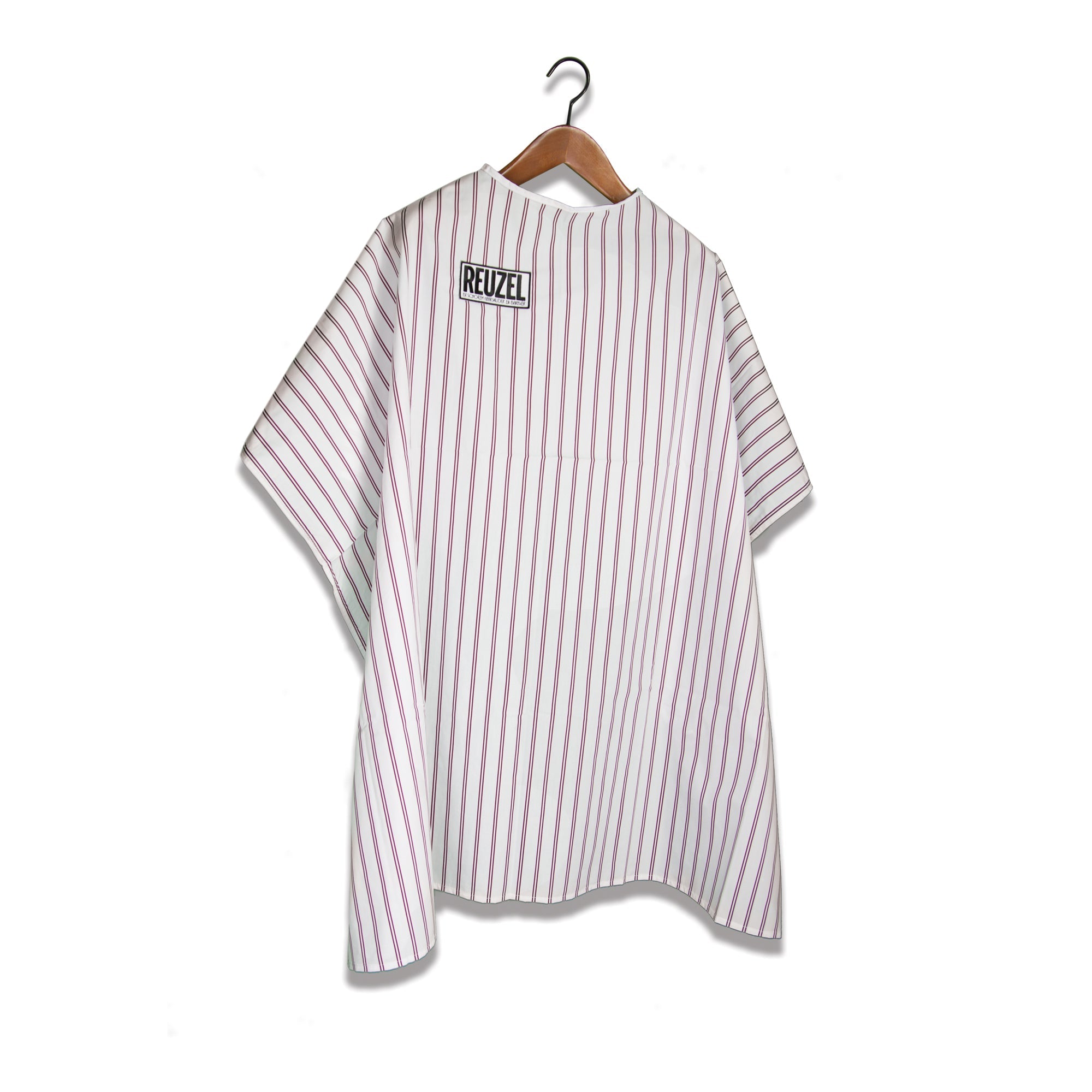 Traditional white Barber Cape with burgundy stripes with 'Reuzel' logo on a white background