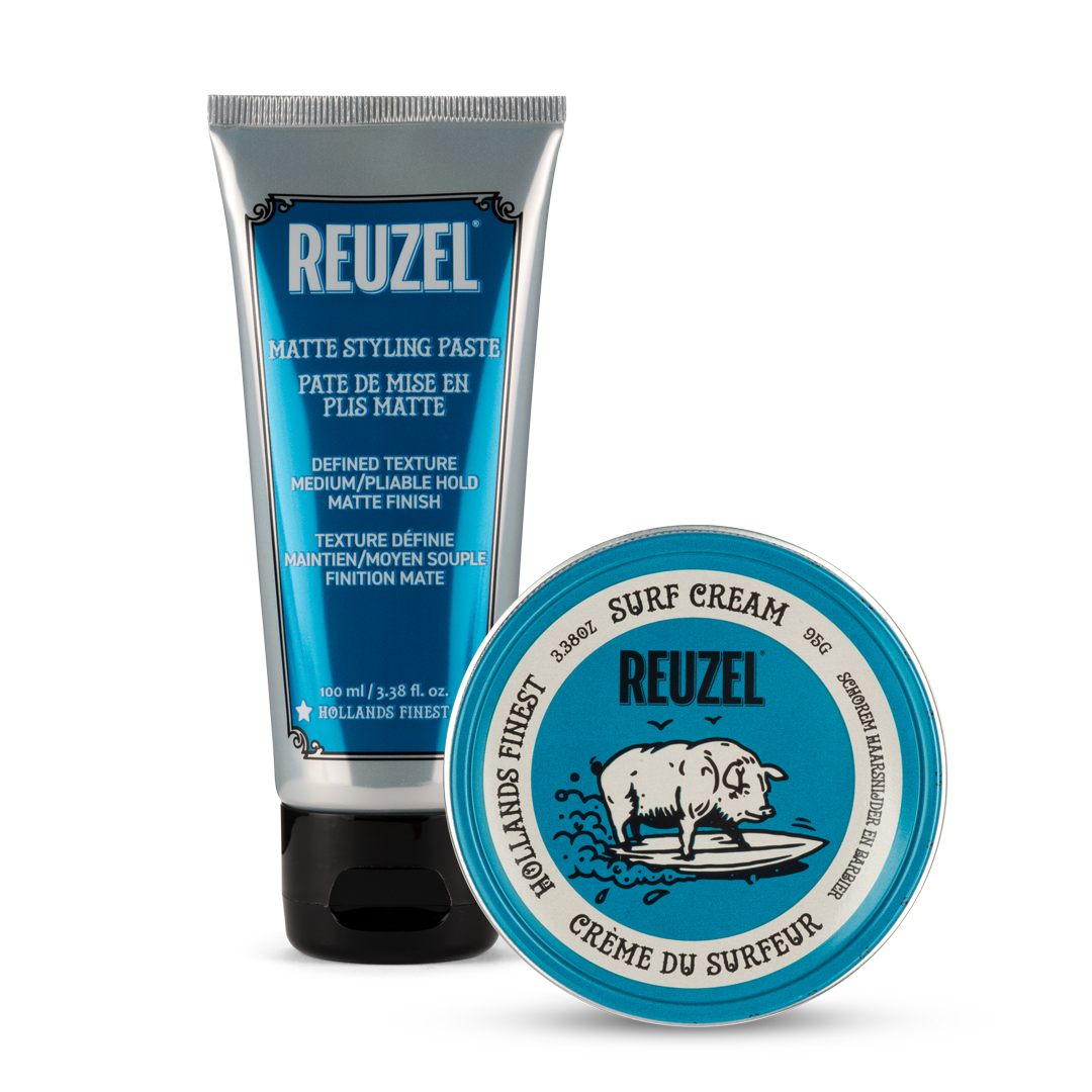 Reuzel Europe Surf Cream and Matte Styling Paste bundle, hair styling products in jars with product labels and textured hair background.